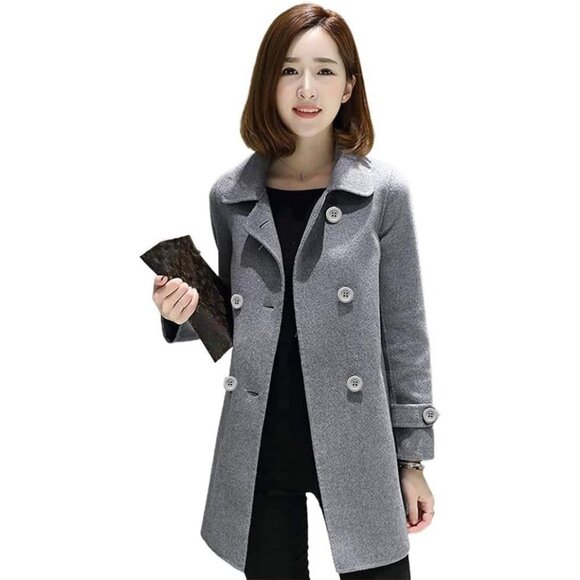 ✨Ylingjun Women Grey Double Breasted Wool Jackets Casual Fit Pea Coat Outwear